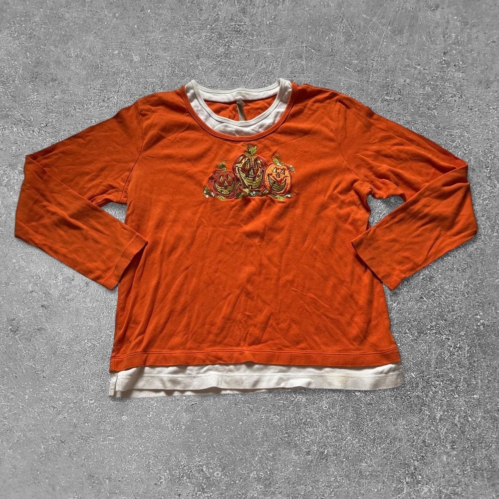 White Stag Women Orange Pumpkin Embroidered Long Sleeve Layered Cotton Shirt L